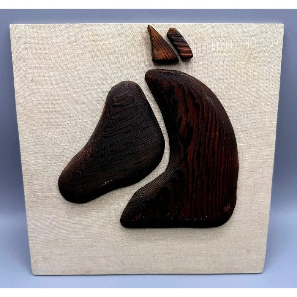 Vintage Mid Century Modern Abstract Wood Horse Head Wall Art Linen Board 9.5in